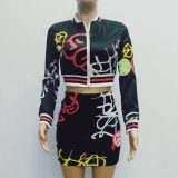 Fashion Hipster Print Long Sleeve Skirt Set