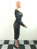 Eve Black Iridescent Sequins Asymmetrical Slit Dress