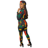 Colorfull Long Sleeve Print Two Piece Set with Button
