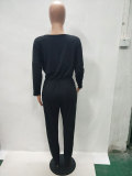 Lace-up Black Cotton Blends One-piece Jumpsuit