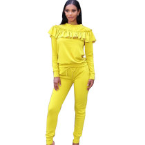 Womens Ruffles Yellow Full Sleeve Top And Pants