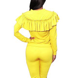 Womens Ruffles Yellow Full Sleeve Top And Pants