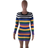 Stripe Print Long Sleeve Mini Dress