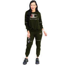 Casual Letter Hot Drilling Zipper Sports Two Piece Set