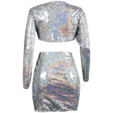 Sexy Sequins Round Neck Long Sleeve Two Piece Set