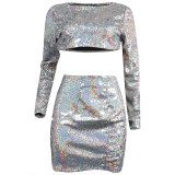 Sexy Sequins Round Neck Long Sleeve Two Piece Set