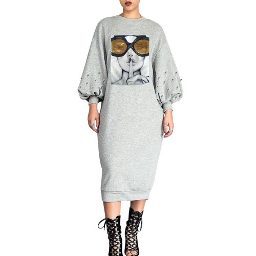 Casual Puffed Sleeves Beaded Sequins Mid Calf Dress