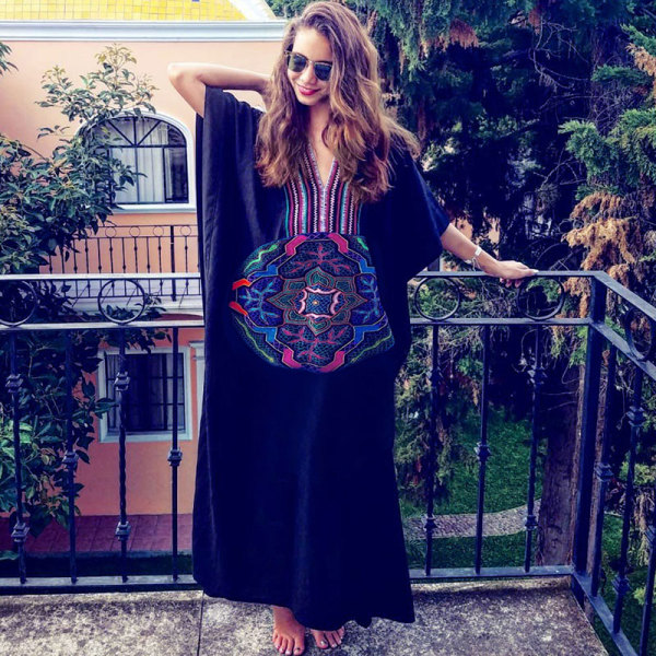 Fashion Loose V Neck Embroidery Long Robes