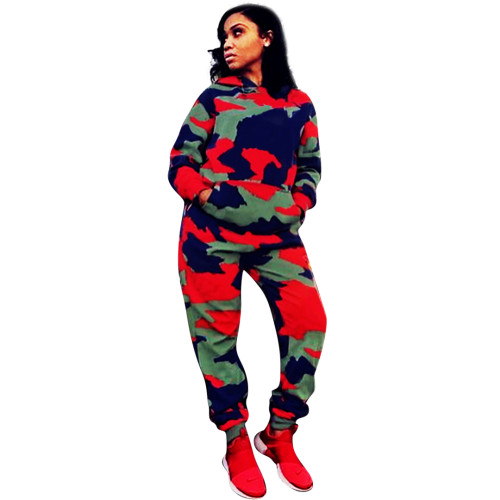 Casual Hooded Collar Camouflage Printed Two-piece Pants Set