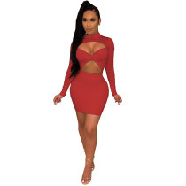 Mock Neck Cutout Ruched Long Sleeve Sexy Bodycon Club Dress