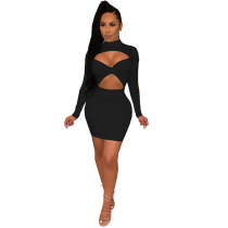 Mock Neck Cutout Ruched Long Sleeve Sexy Bodycon Club Dress