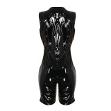 Solid Color V-neck PU Leather Sexy Jumpsuit