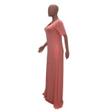 Solid Color Loose Shoulder Short Sleeve Long Dress with Pocket