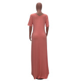 Solid Color Loose Shoulder Short Sleeve Long Dress with Pocket
