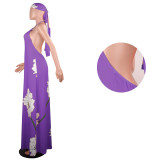 Lotus Print Halter Maxi Dress with Headscarf