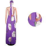Lotus Print Halter Maxi Dress with Headscarf