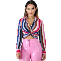 Casual Printed Striped Knotted Shirt