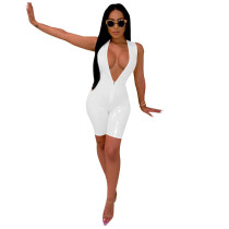 Solid Color V-neck PU Leather Sexy Jumpsuit