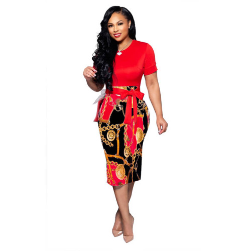 Casual Print Patchwork Short Sleeve Belted Midi Dress