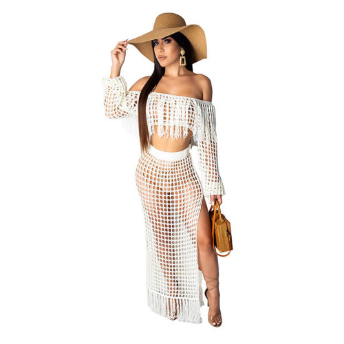 Sexy Hollow-out Tassel Design Two-piece Skirt Set (Cover-up)