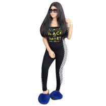Casual Black and White Plaid Letter Printed Jumpsuit