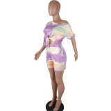Plus Size Tie Dye Knotted Casual Top & Shorts