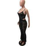 Lace Straps See Through Jumpsuit with Wide Leg