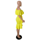 Stylish Off the Shoulder Ruffle Design Knee Length Dress