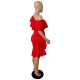 Stylish Off the Shoulder Ruffle Design Knee Length Dress