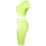 Sexy Hooded Collar See-through Green Two-piece Shorts Set(Without Lining)