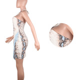 Sexy Halter Neck Printed Tassel Design Mini Dress