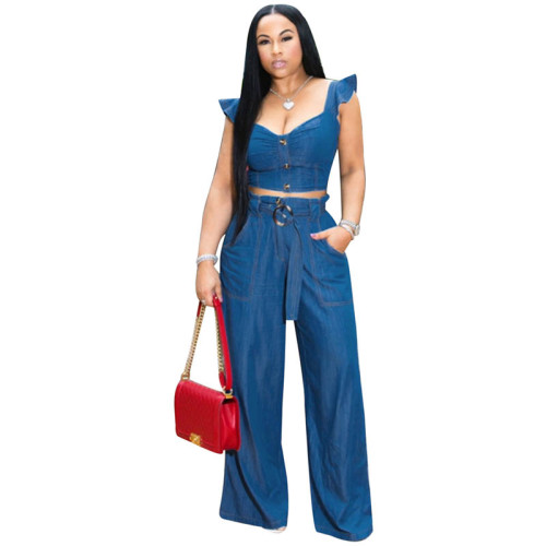 Solid Color Ruffle Sleeve Denim Two Piece Set