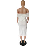 Stylish Off The Shoulder Ruffle Design Mid Calf Dress