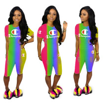 Casual Rainbow Letter Burnt Flower Two Piece Set