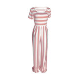 Casual Round Neck Striped Short Sleeve Jumpsuit with Wide-leg