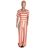 Casual Round Neck Striped Short Sleeve Jumpsuit with Wide-leg