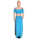Casual Solid Color Crop Top and Hollow Out Split Skirt