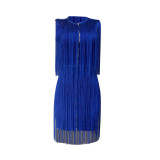 Solid Color Fringed Zipper Mini Dress