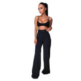 Solid Color High Waist Wide Leg Pants with Belt