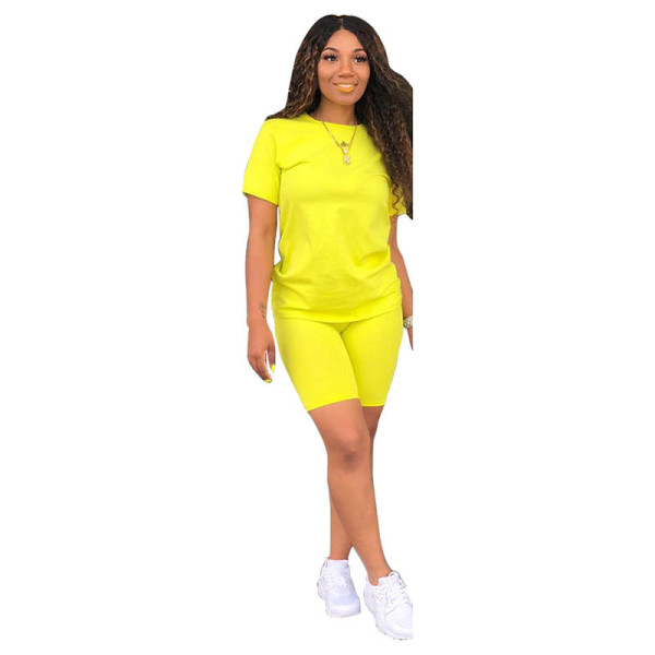 Solid Color Short Sleeve Two Piece Shorts Set