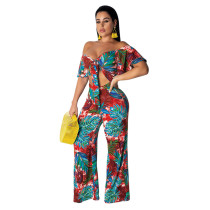 Stylish Off The Shoulder Printed Two-piece Pants Set