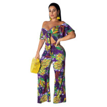 Stylish Off The Shoulder Printed Two-piece Pants Set