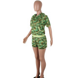 Tie Dye Camouflage Drawstring Pockets Hooded Shorts Set