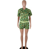 Tie Dye Camouflage Drawstring Pockets Hooded Shorts Set