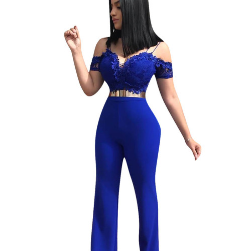 Sexy Spaghetti Straps Off The Shoulder Blue One-piece Jumpsuit(Without Belt)