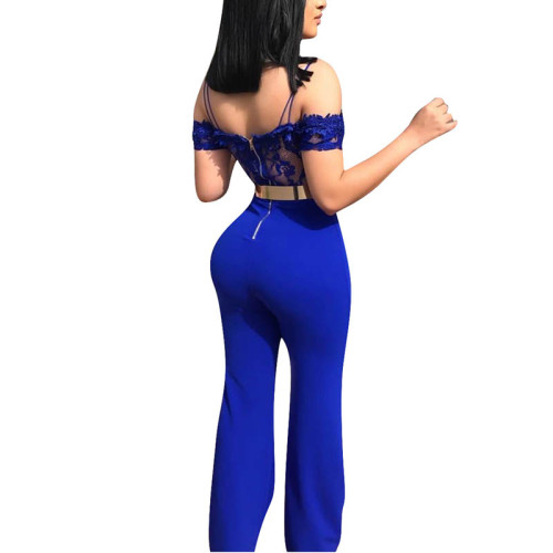 Sexy Spaghetti Straps Off The Shoulder Blue One-piece Jumpsuit(Without Belt)