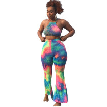Lace-Up Tie-Dye Bellbottoms Women's Suit Vest And Pants Two Piece Sets