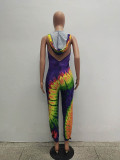 Casual Hooded Backless Print Sleeveless Jumpsuit