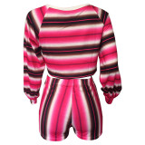 Knotted Skew Neck Stripe Print Top & Shorts