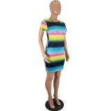 Short Sleeve Round Neck Above Knee Gradient Dress
